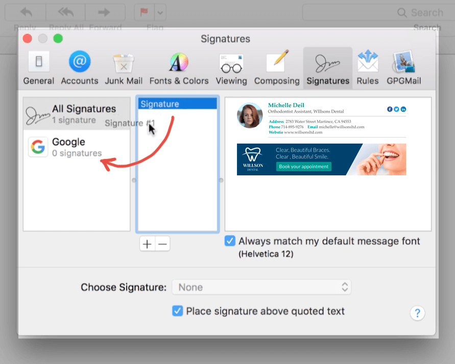 add signature in mac mail - step 5 - assign signature to email account