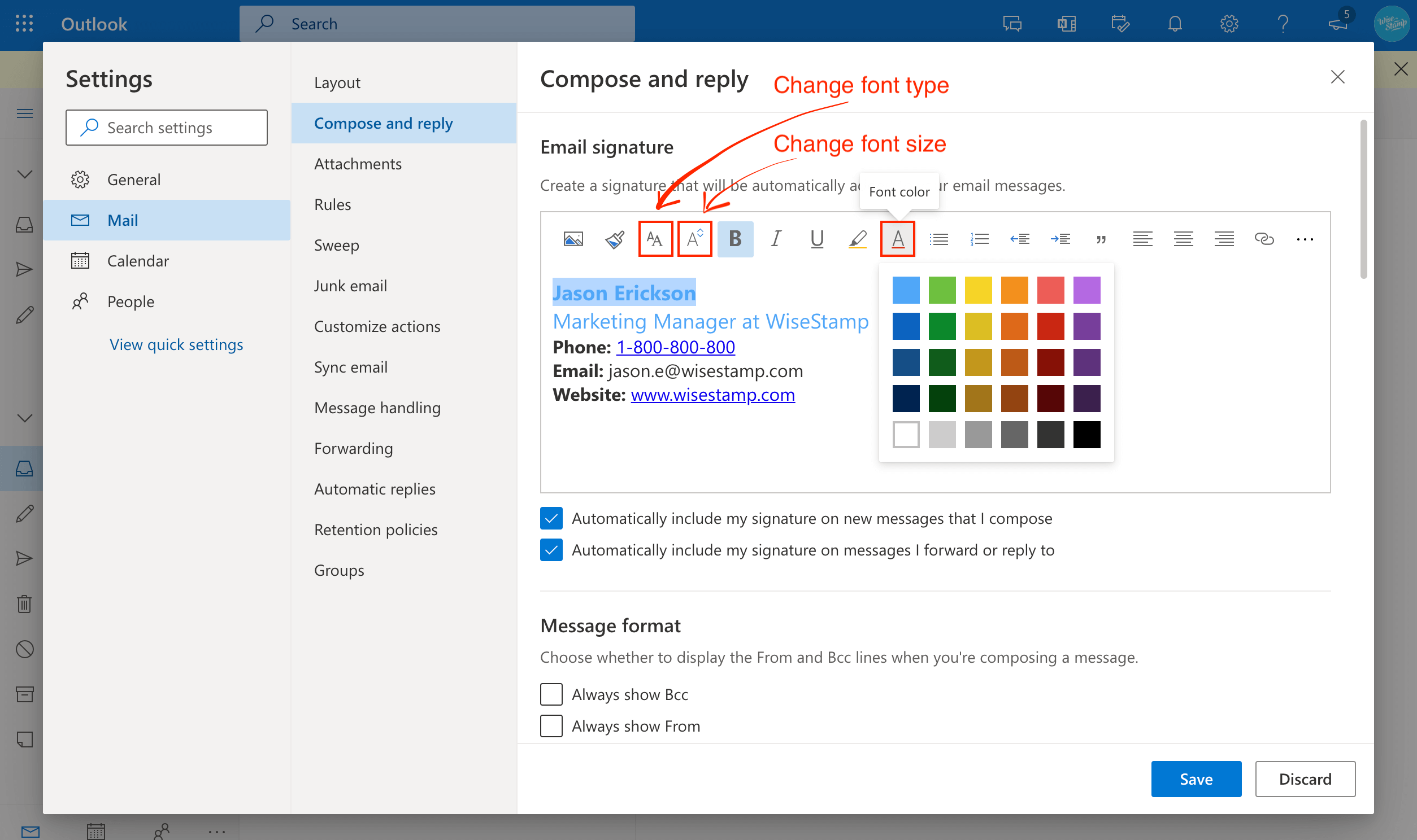 Create email signature in Outlook 365 - change font color