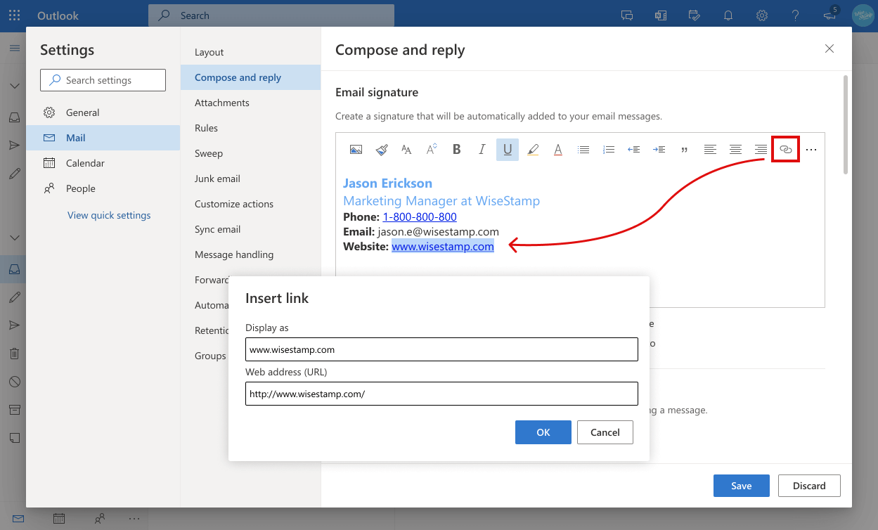 How to add a hyperlink to Outlook 365 web app