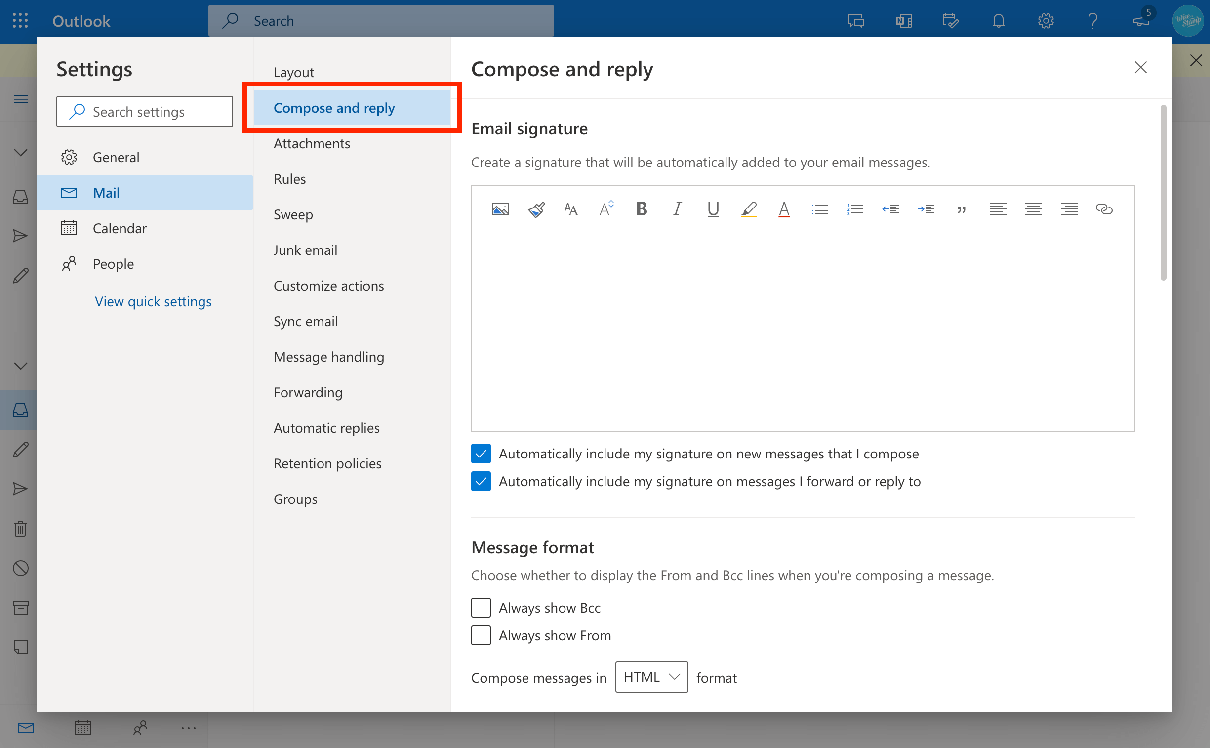 Where to find signature editor in Outlook 365 settings